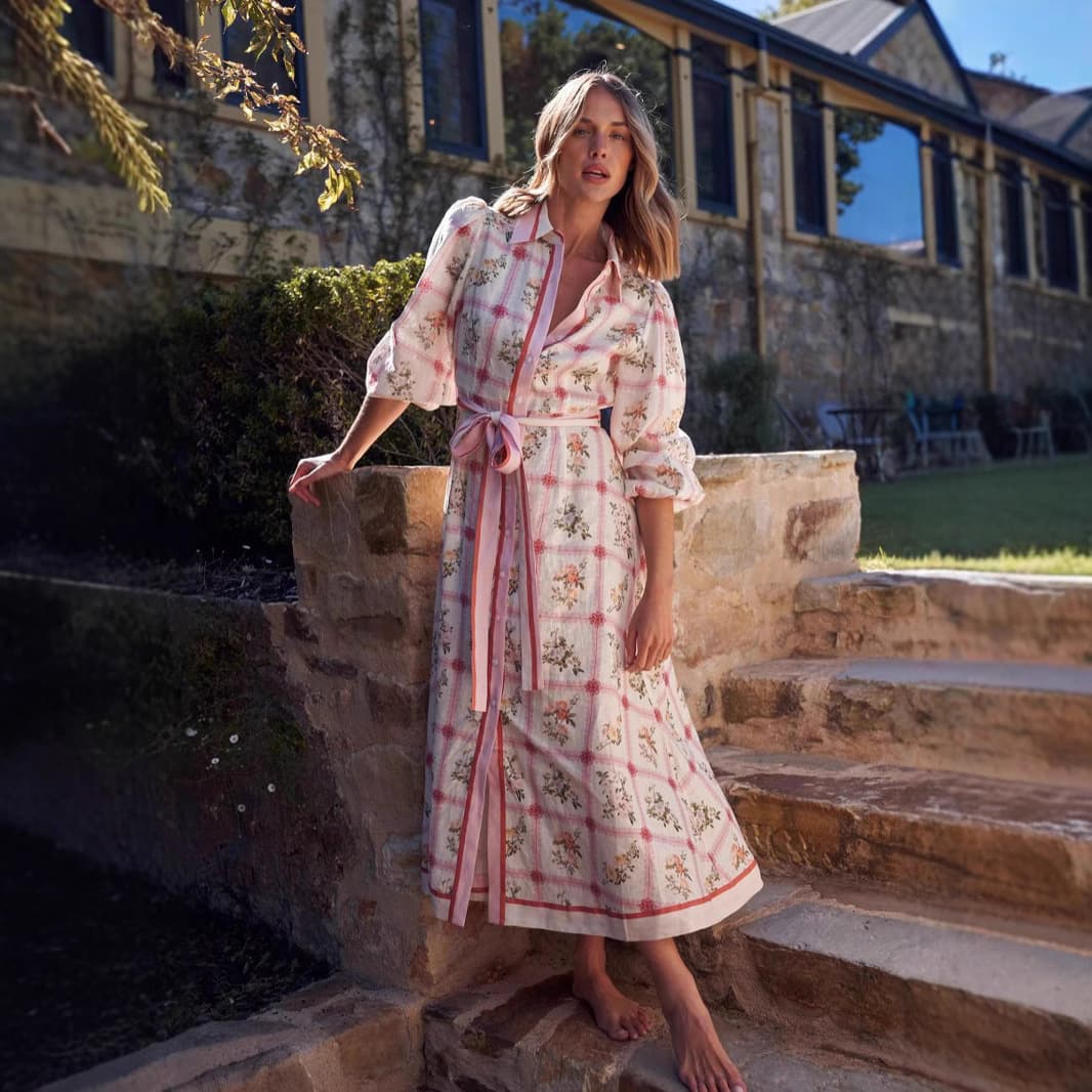 Women's Casual Cotton Linen Cardigan Long Floral Tie up Dress