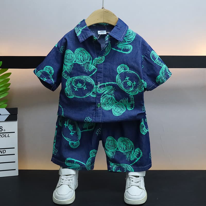 Mother & Kids Boys Summer Clothes Full Print Bear Summer New Children Baby Short Sleeved Two Piece Suit Cool
