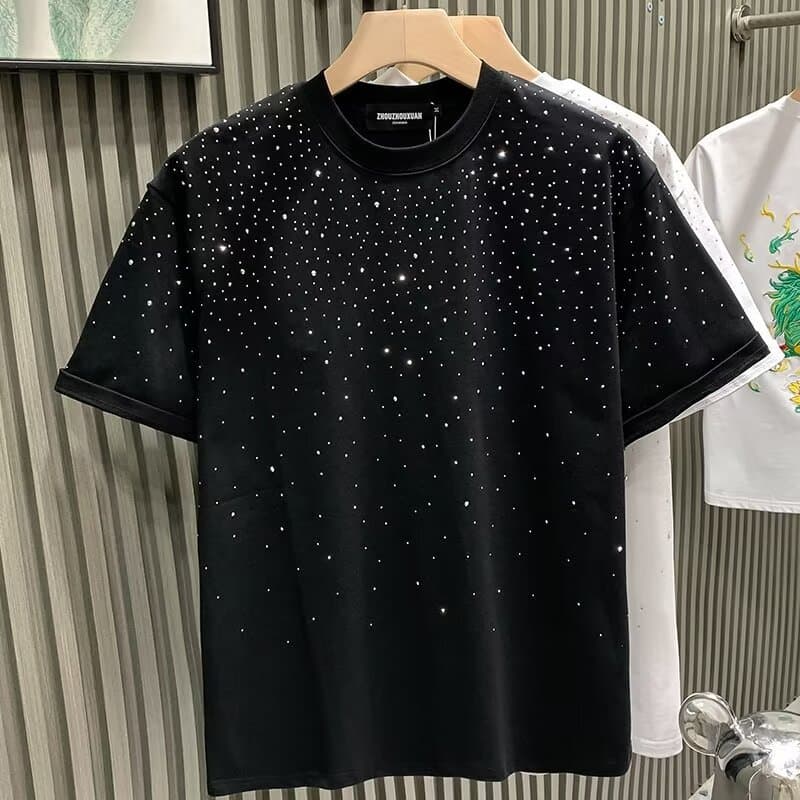 Men's Clothing Fashion Brand Light Luxury Men's T Shirt Short Niche Hot Diamond High End Round Neck Half Sleeved T Shirt