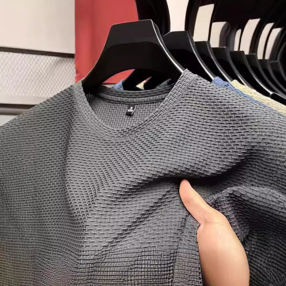 Men's Clothing Short Sleeved T Shirt Men's Summer Ice Silk Cool Nylon Elastic Quick Drying Light Luxury Dark Pattern Jacquard T Round Neck T Shirt
