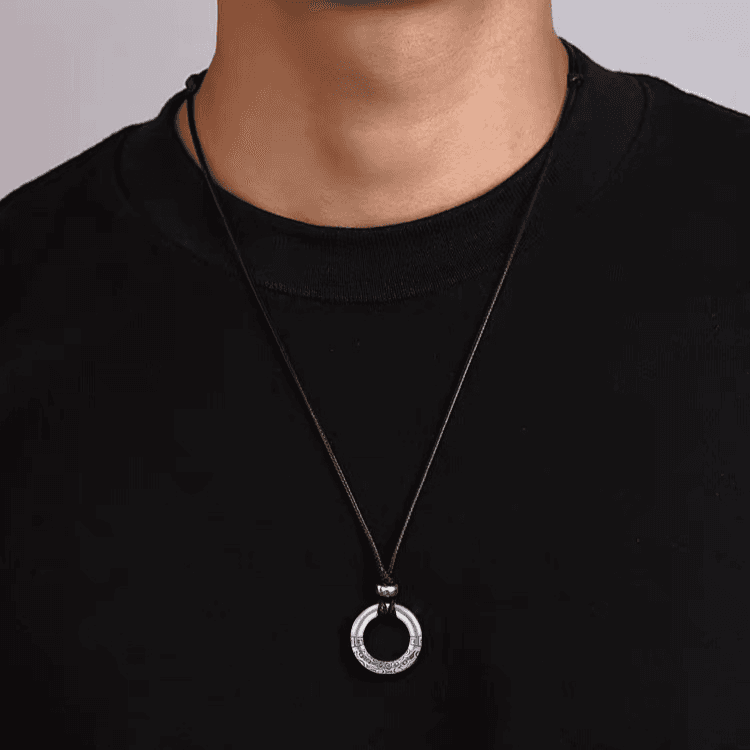 Fashion Simple Pendant Jewelry Retro Auspicious Cloud Ring Leather Rope Titanium Steel Peace Buckle Pendant Necklace Boys Sweater Chain