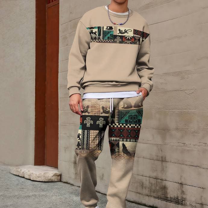​​Bohemian-Inspired Men's Casual Tracksuit - Long Sleeve Crewneck Sweatshirt & Jogger Pants Set (24 Color Options, Sizes S-3XL)​​