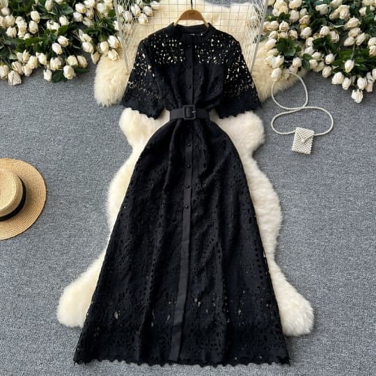 Women's Clothing Retro Stand Collar Short Sleeve Lace Retro Hook Flower Dress Waist Slimming High End Long Skirt