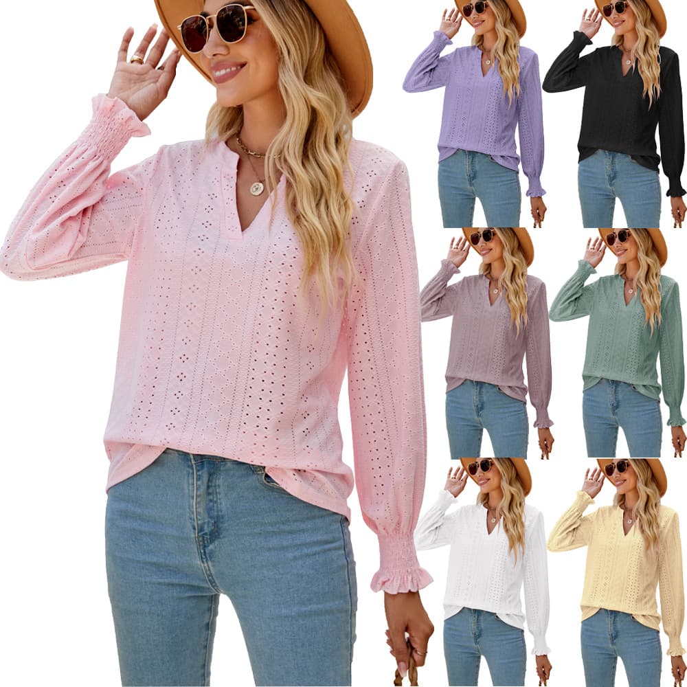 Women's Clothing Solid Cut Out Ruffle Sleeve V-Neck Loose Long Sleeve Tops