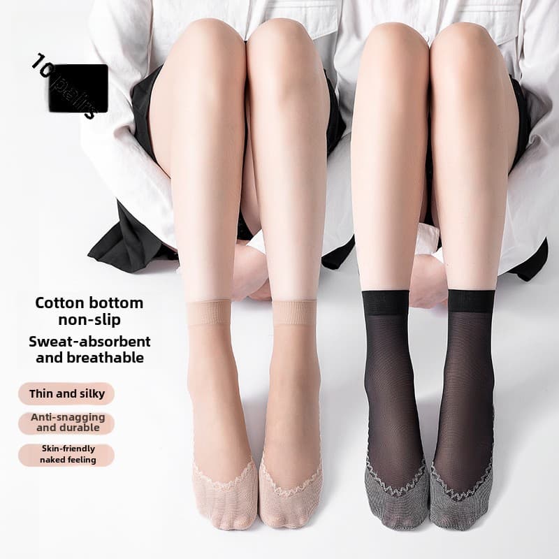 Bonus Cotton Bottom Short Stockings Women's Spring and Summer Thin Crystal Silk Non-slip Short Stockings Transparent Anti-snag Silk Wear-resistant Ste