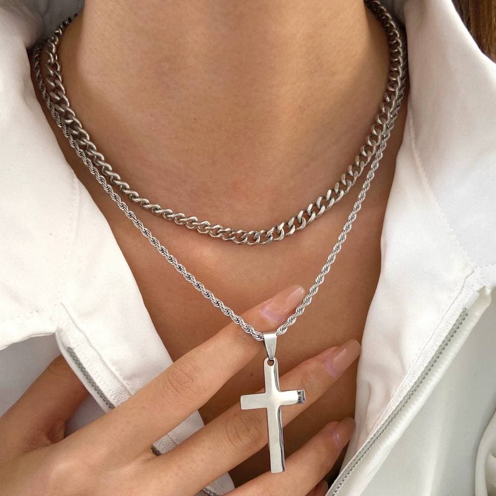 Gold cross titanium steel necklace men's personality hip hop double layer stacking necklace jewelry
