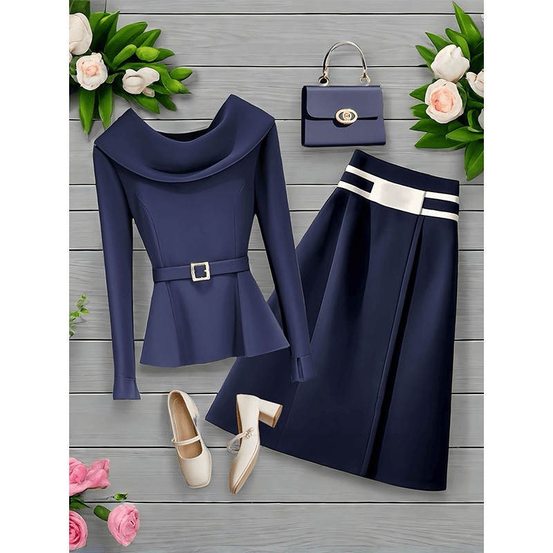Women's Clothing Fashion Suits For Women Early Autumn New Slim Temperament Pile Collar Top Simple Waist Skirt Suit