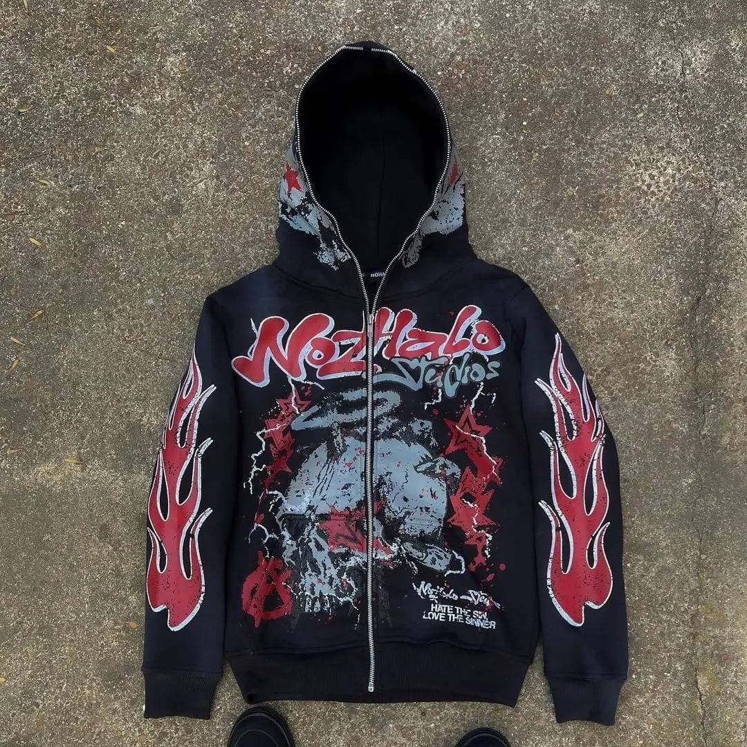 Y2k Retro Streetwear Hoodie With 3d Cartoon Print, Zip-up Oversized Pullover For Hip-hop & Dark Aesthetic Fashion​