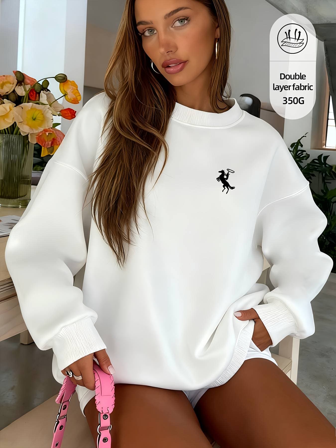 Women'S Elegant Crew Neck Sweatshirt WithLetter Print Cozy Fleece Pullover Long Sleeve Casual Sporty Style All-Season Comfort Fit Casual Wear