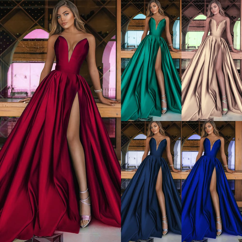 2023 Spring/summer New Women's Sexy Deep V Split Dress Solid Color Swing Dress Wedding Dress