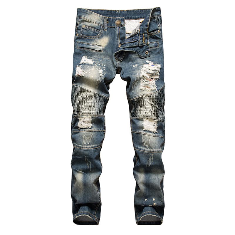 Men's clothing supply menswear stretch black jeans biker miscellaneous patchwork denim pants