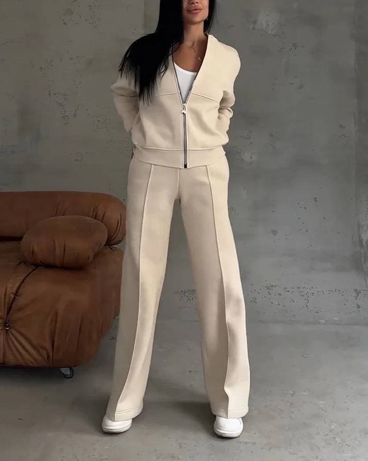 Women’s Color-Block Collared Top & Casual Pants Set – Trendy Sporty Two-Piece Outfit For Fall & Winter