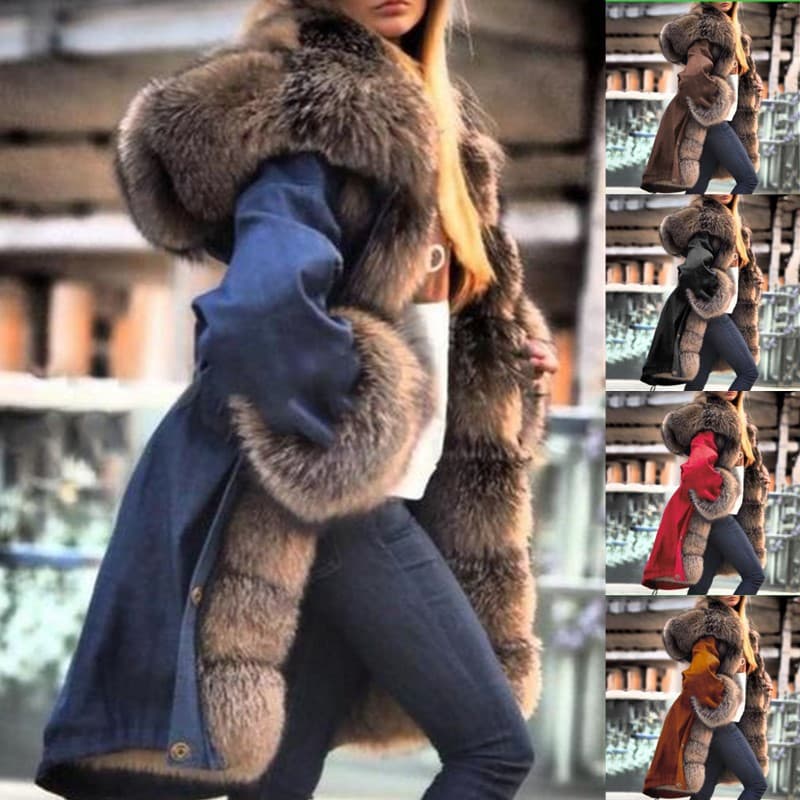 Women's imitation crystal fox fur big collar long fur collar hooded coat