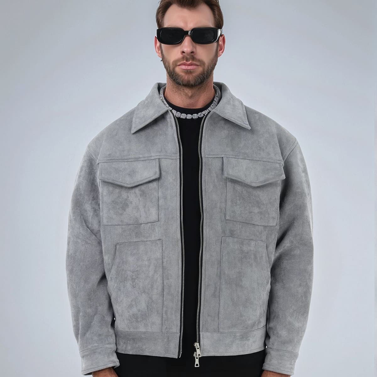 Veste tendance en simili-daim pour homme et femme – Manteau épais à fermeture éclair avec grandes poches, vêtement d'extérieur streetwear élégant pour l'automne et le printemps