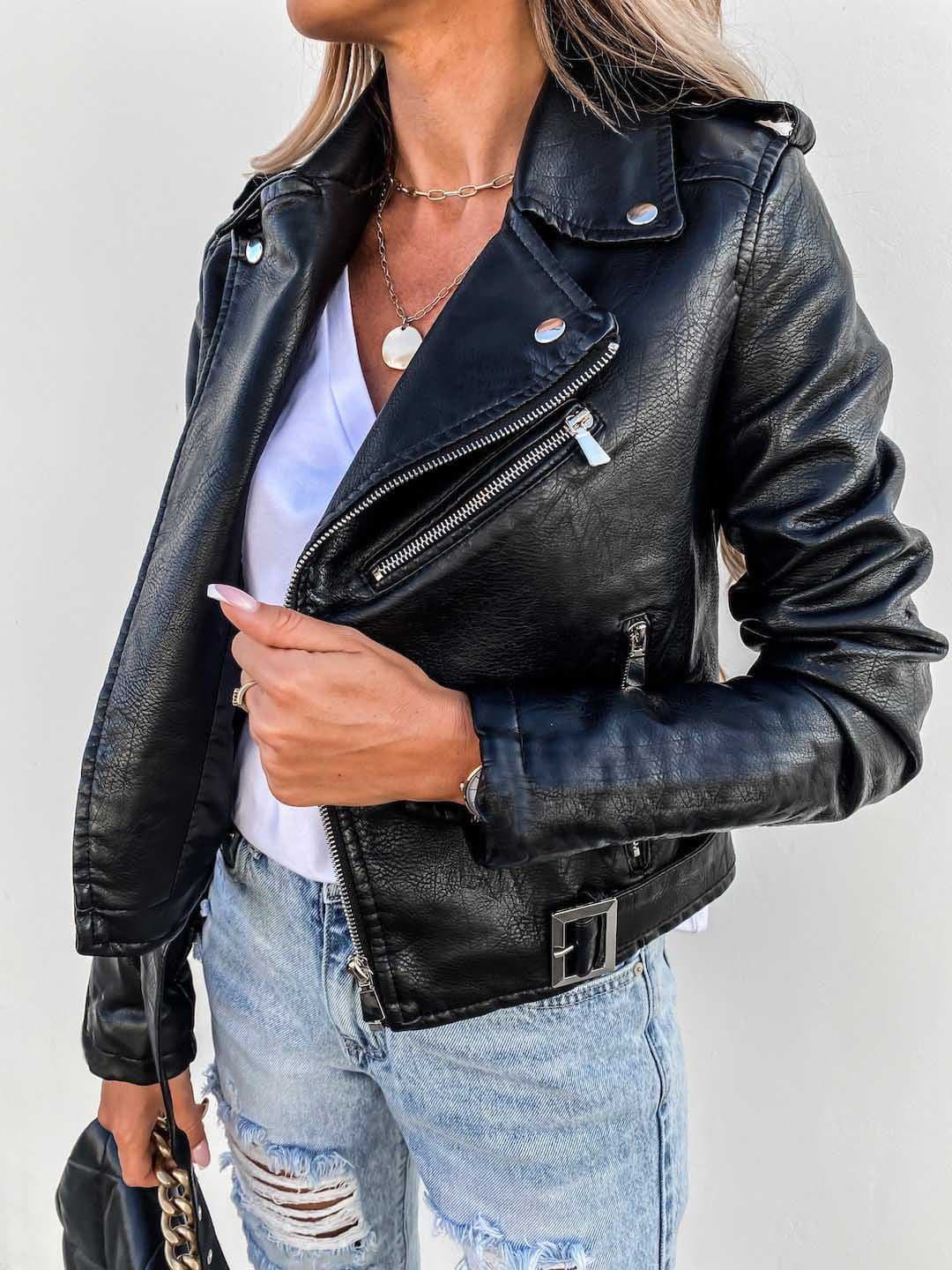 Women's Autumn And Winter Jacket Top PU Leather Jacket Motorcycle Short Zipper