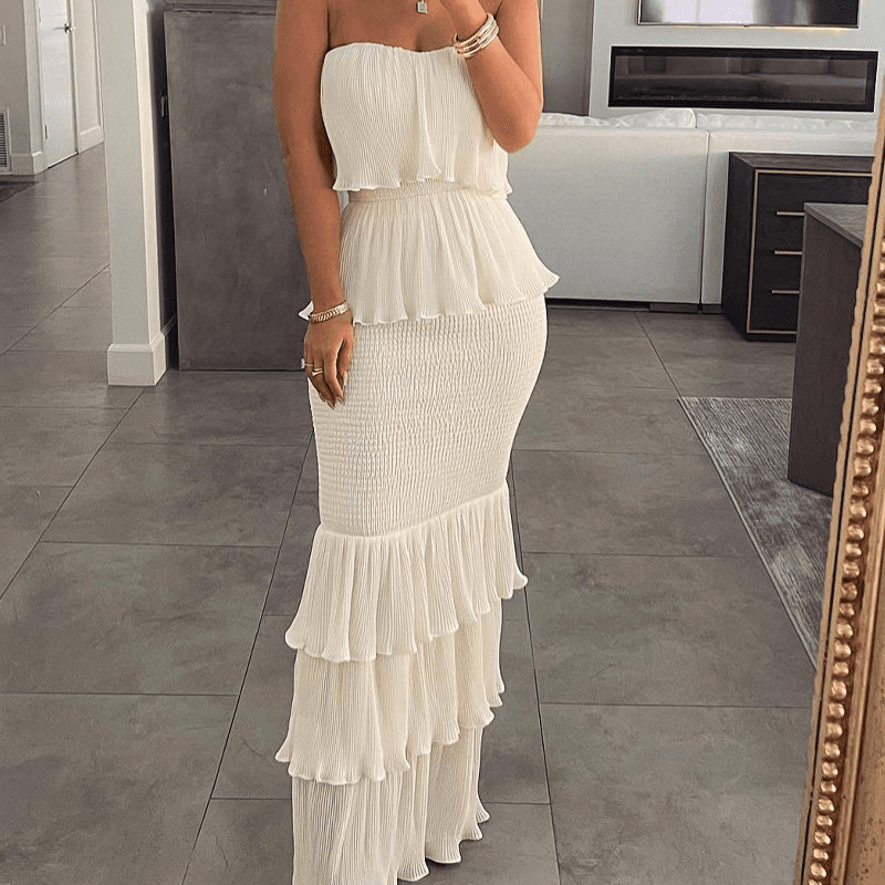 Women's 2023 New Solid Color Noble Temperament Goddess Tube Top Pleated Slim Fit Ruffled Long Skirt