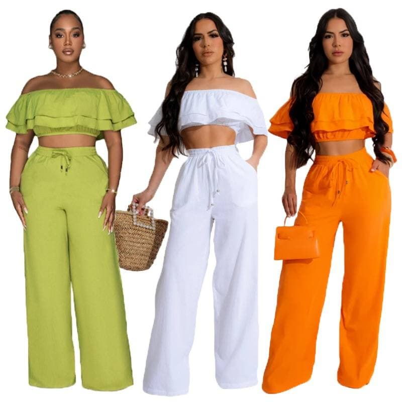Women's clothing new style suit temperament one shoulder ruffled short top wide leg trousers suit
