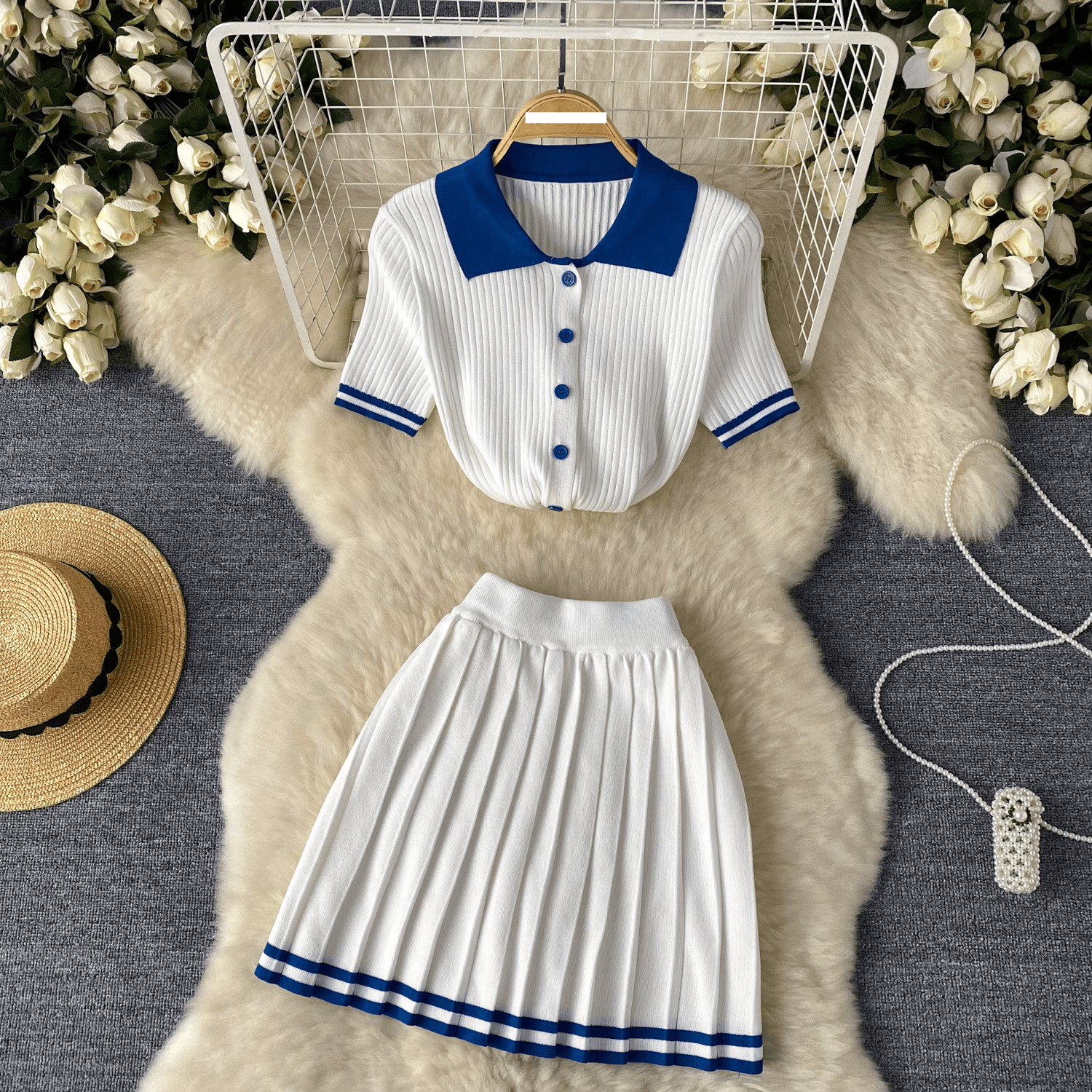 Women's Clothing Pure desire hot girl style contrast color Polo collar short sleeved shirt top + high waist slim pleated skirt two piece summer