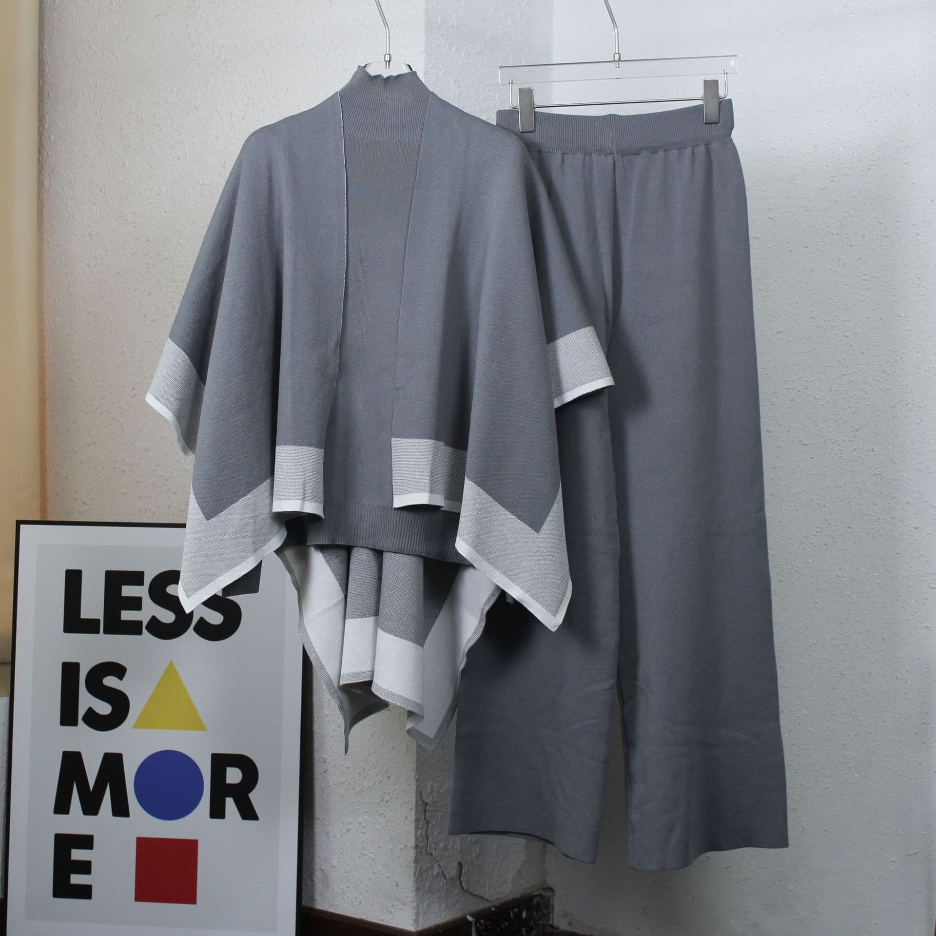 Women's Clothing shawl knitted sweater loose wide leg pants three piece suit casual jacket solid color sweater suit