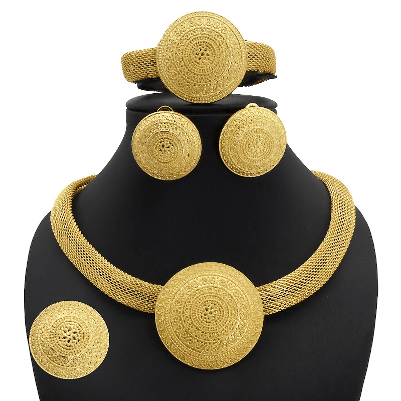 Gold Plated Jewelry Set Bride Necklace Earrings Ring Bracelet Sand Gold Accessories