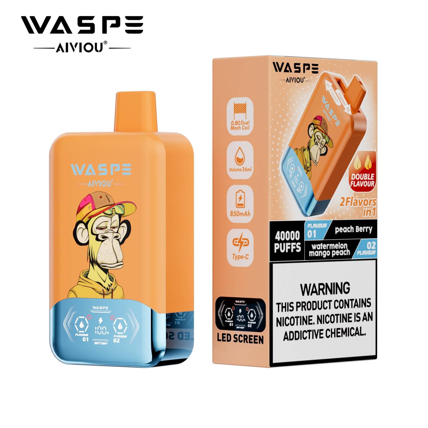 Waspe Double Saveur 40 000 bouffées 40k Entrepôt UE Cigarette électronique jetable 2 en 1 Boîte de bouffées Vapotage avec deux saveurs Double c