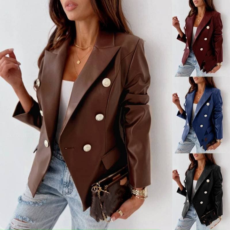 Women's Clothing autumn and winter new long sleeved double breasted fashion PU leather suit small jacket