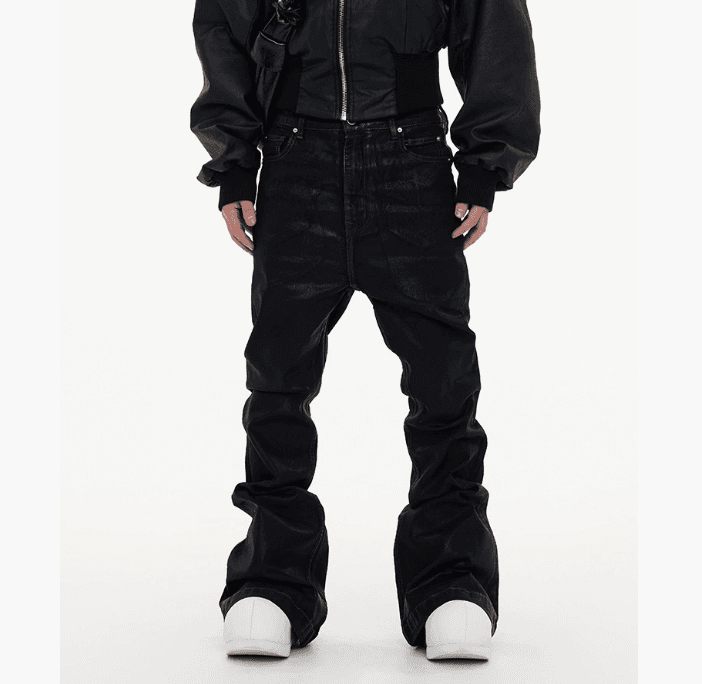 Men's Waxed Coated Flared Jeans - Dark Aesthetic Wide-Leg Denim Pants With Draped Hem & Detachable Straps