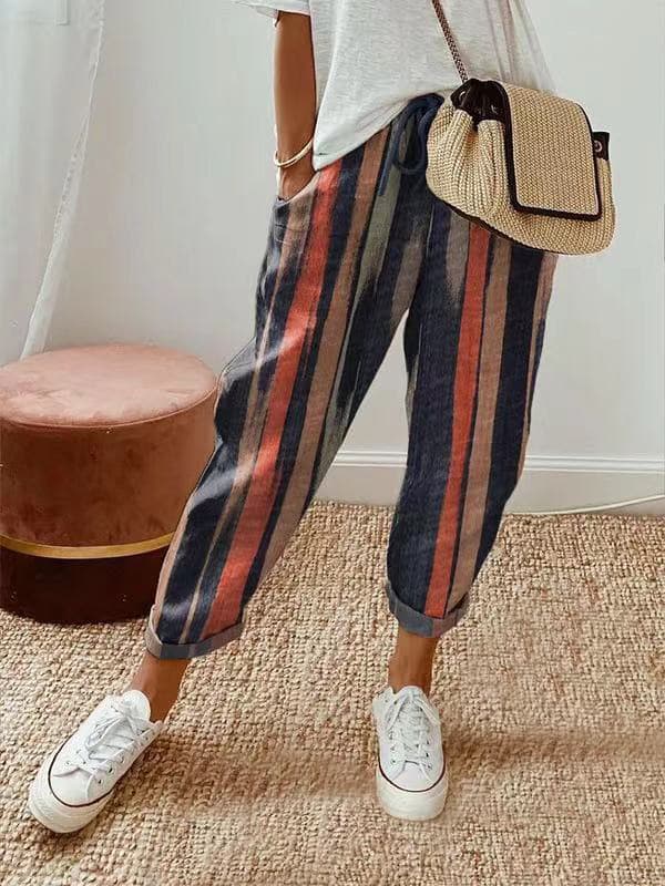 Women's printed cotton and linen casual pants