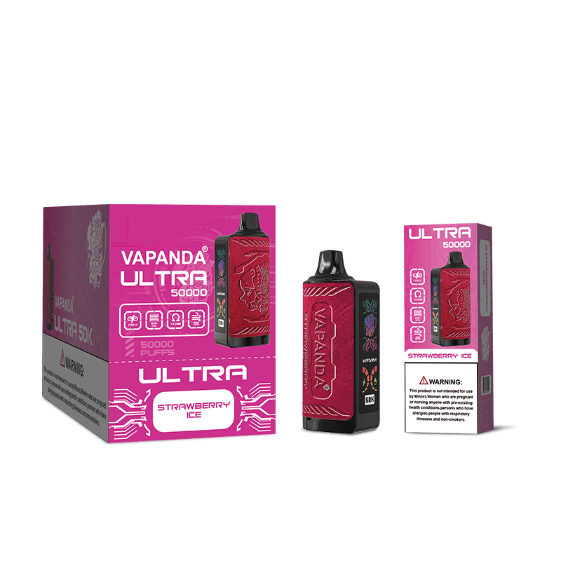 Vapanda Ultra 50k Vape, cigarette électronique jetable de luxe avec écran latéral et cuir, très tendance.