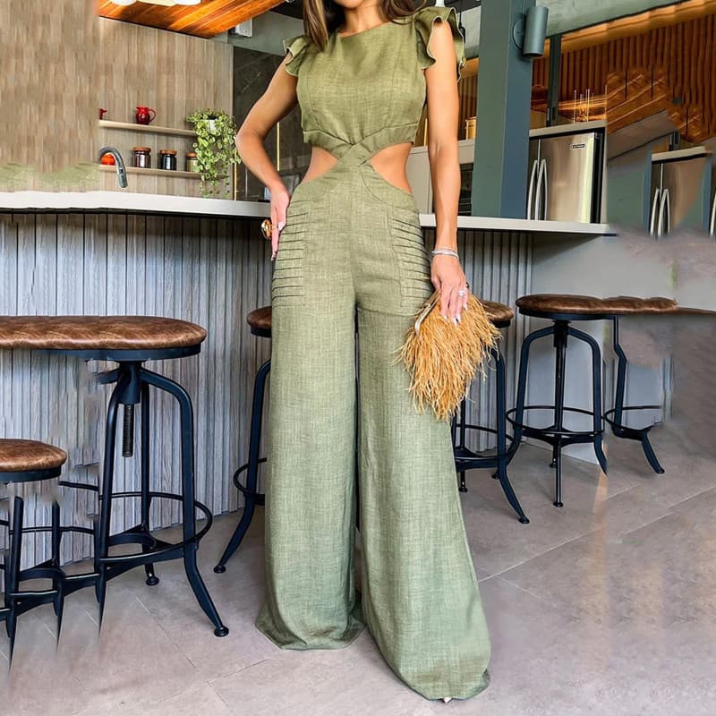 Women's summer round neck ruffled loose trousers jumpsuit