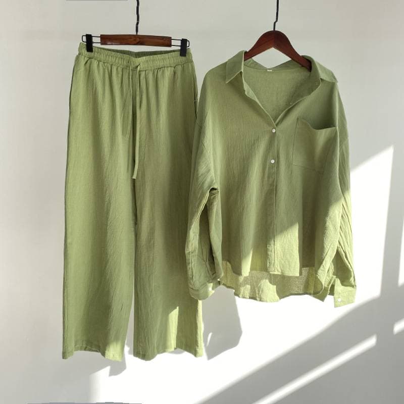 [Cotton Linen] 2-piece Retro Plus Size Cotton And Linen Shirt Set High Waist Loose Trousers