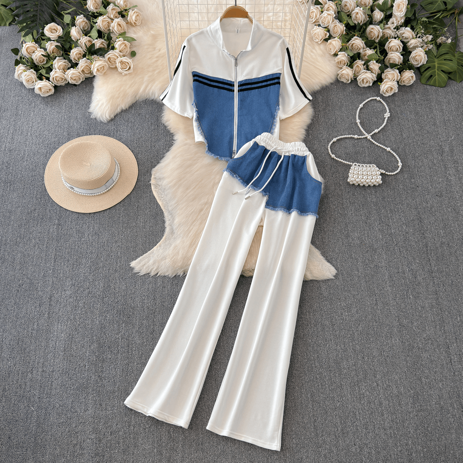 Women's Clothing Design Short Sleeved T Shirt Patchwork Denim Top High Waist Casual Straight Pants Two Piece Suit