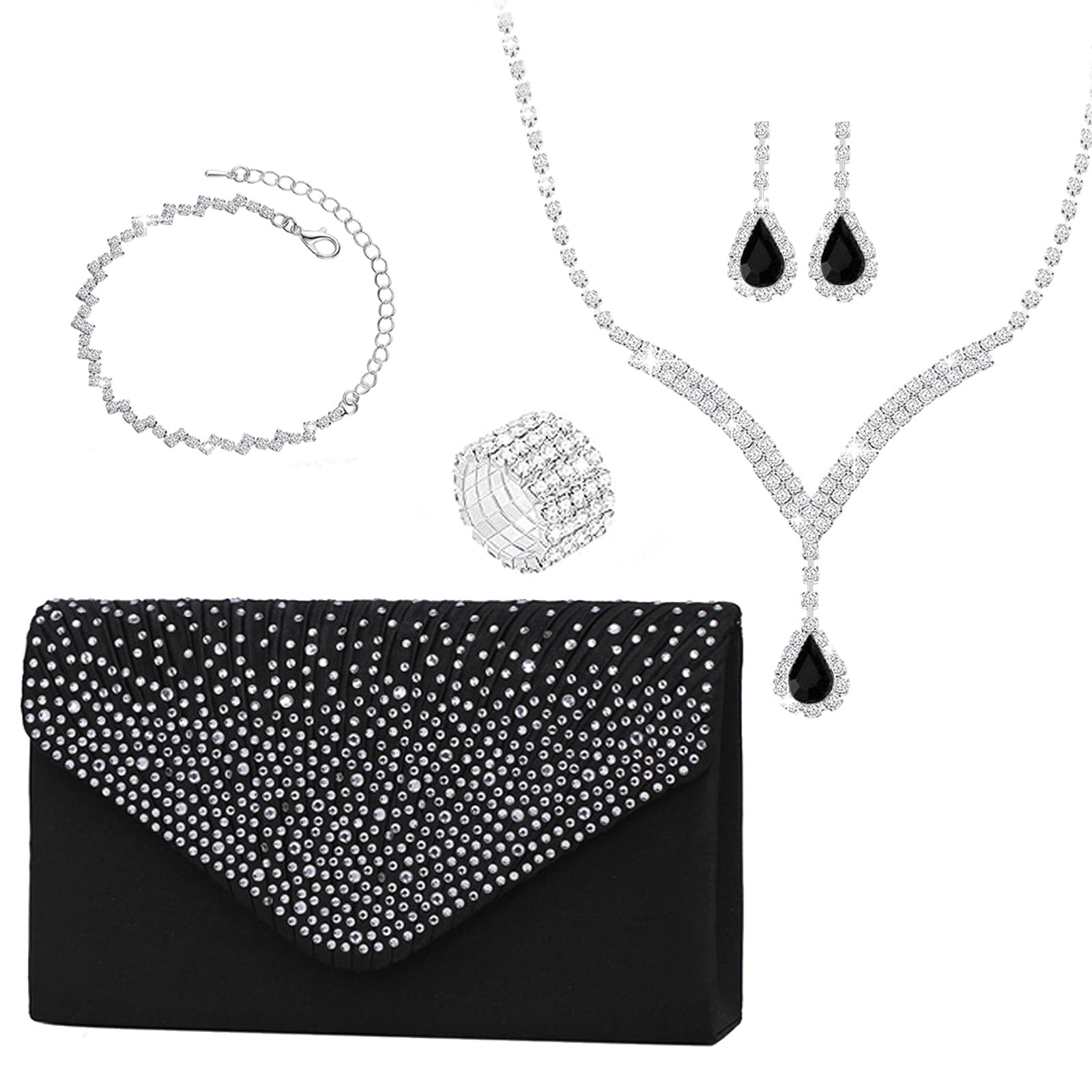 Women's Bags new elegant bridal four piece suit with full diamond drop necklace, earrings and evening bag