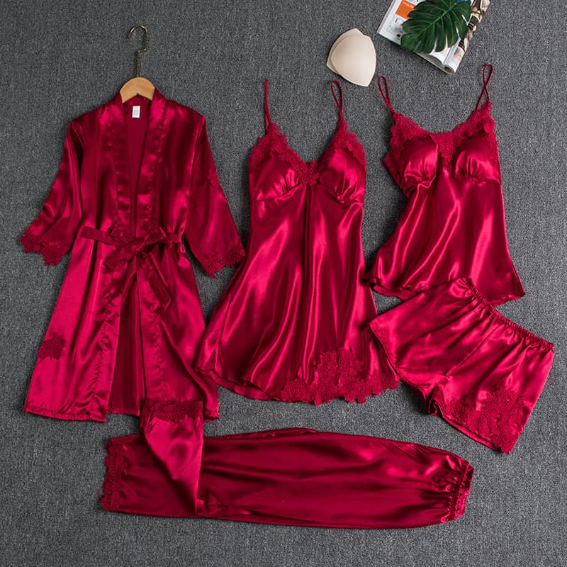 Women's Sleepwears Women Summer Ice Silk Sexy Hot Home Clothes Spring And Autumn Long Sleeve Thin Large Size Cross Border Five Piece Suit Bathrobe