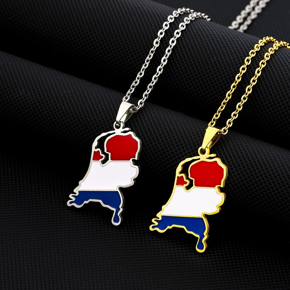 Stainless steel vintage Dutch map flag pendant necklace for men and women couple ethnic style sweater chain jewelry