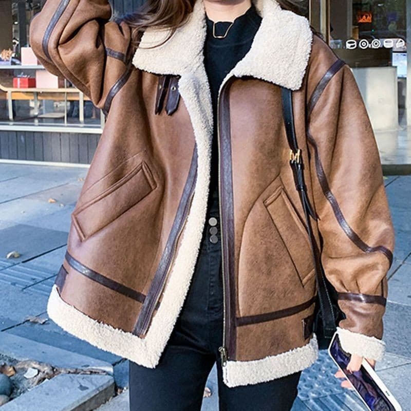 ​​Women’s Faux Leather & Fur Jacket – Winter Stand Collar Biker Coat (Brown, S-2XL)​​
