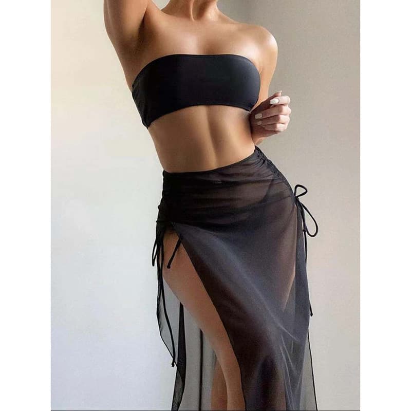Women's Black Solid Color Split Bikini With Underwire Sexy Push-up One Size Fits All, Three-piece Swimsuit