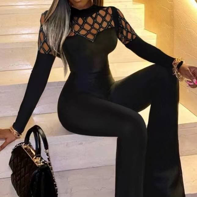 Women's Clothing Fashion Splicing Sexy Diamond Mesh Waist Slim Fit Micro Flared Jumpsuit