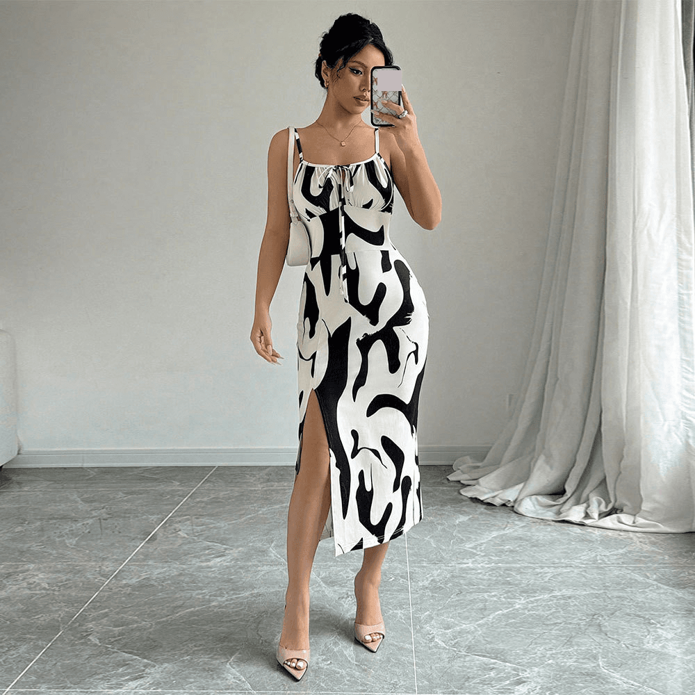 Women's Clothing Intellectual Style Cow Pattern Dress Suspenders Mid Length Skirt