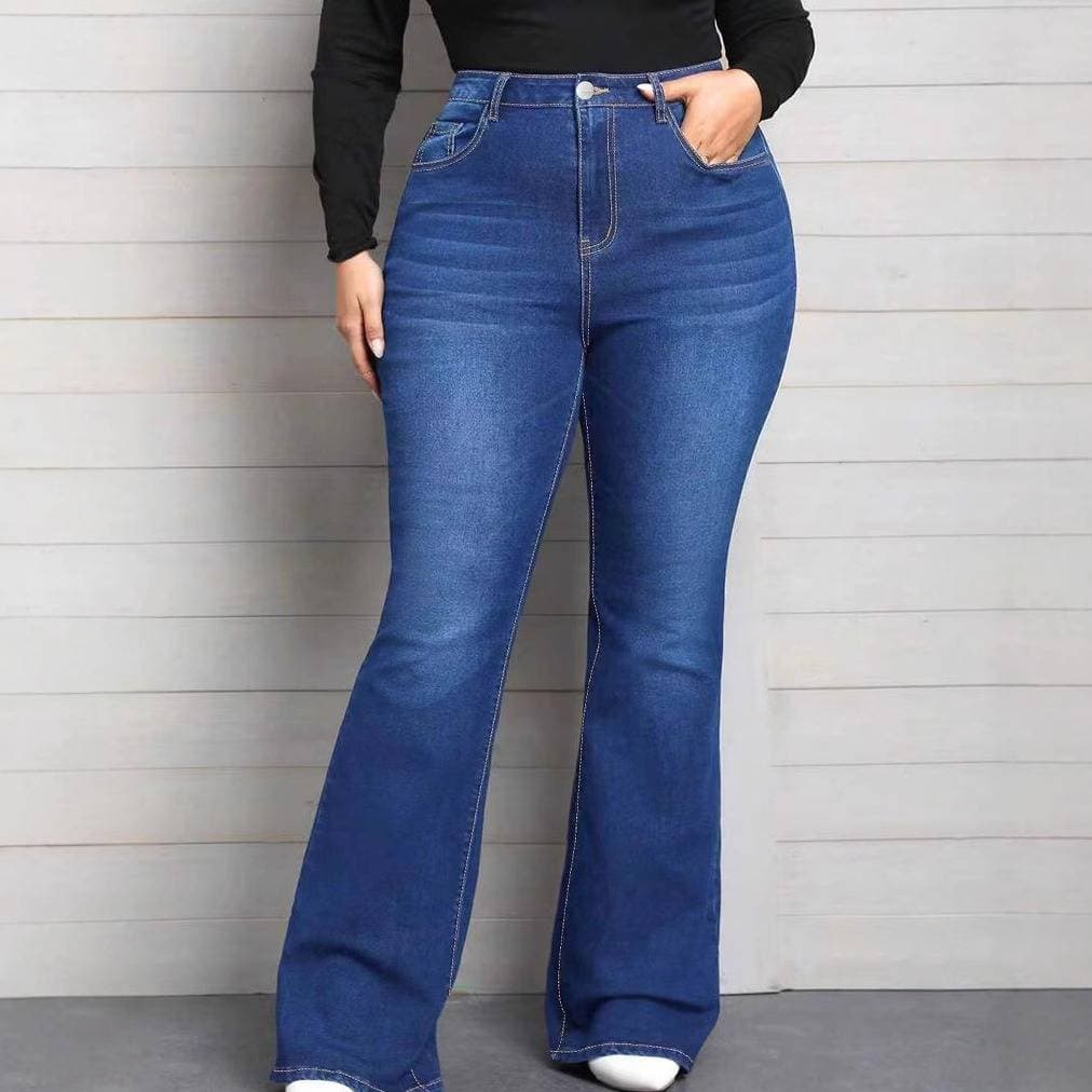 Vintage Washed Mid Rise Flare Jeans For Women - Classic Blue Denim With Comfort Stretch - Retro 70s Style Bootcut Pants