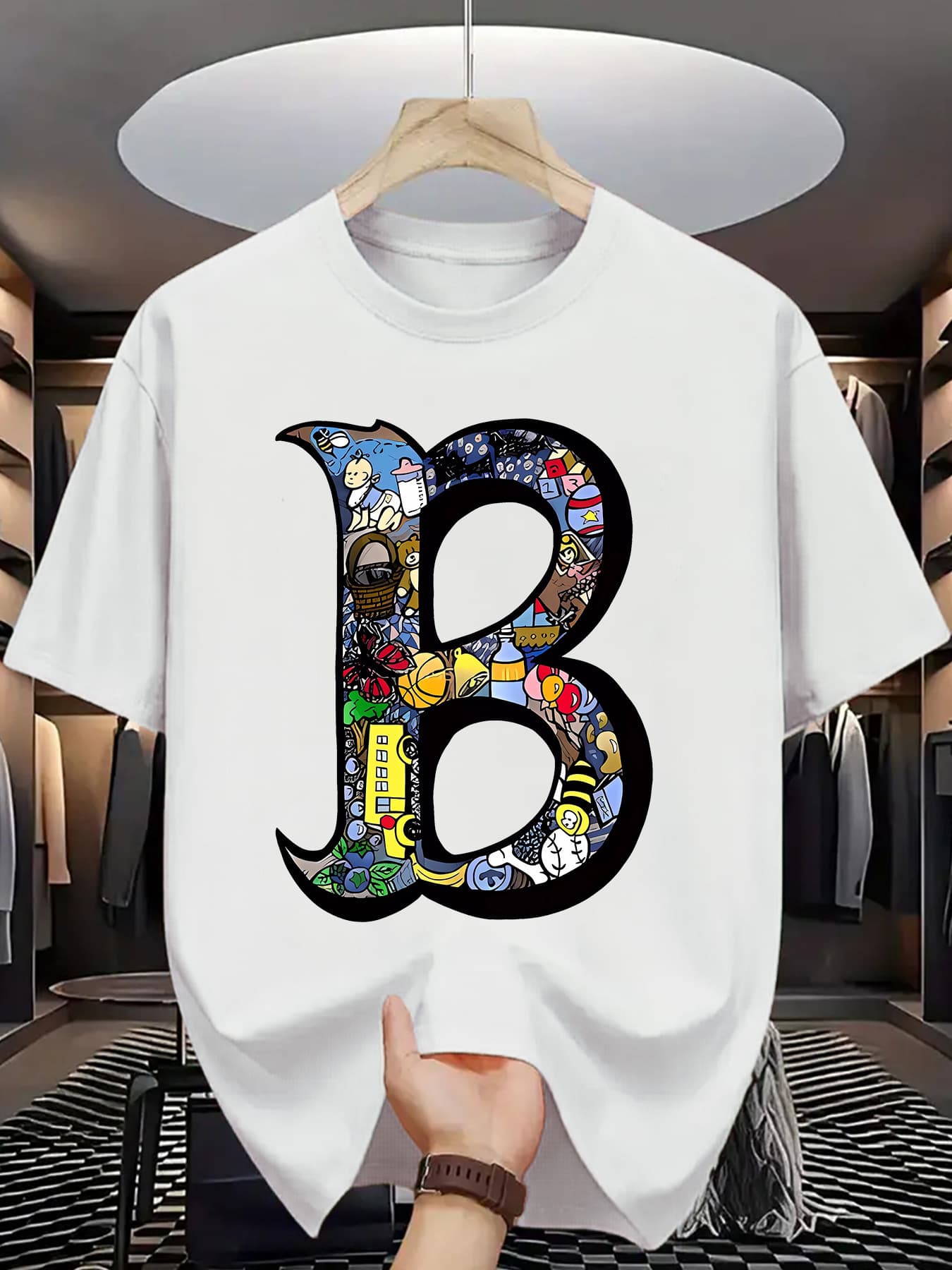 100% Pure Cotton Men's Summer Fashion Short Sleeved Shirt With B-letter Printed Pattern For Casual Slimming And Versatile T-shirt Top