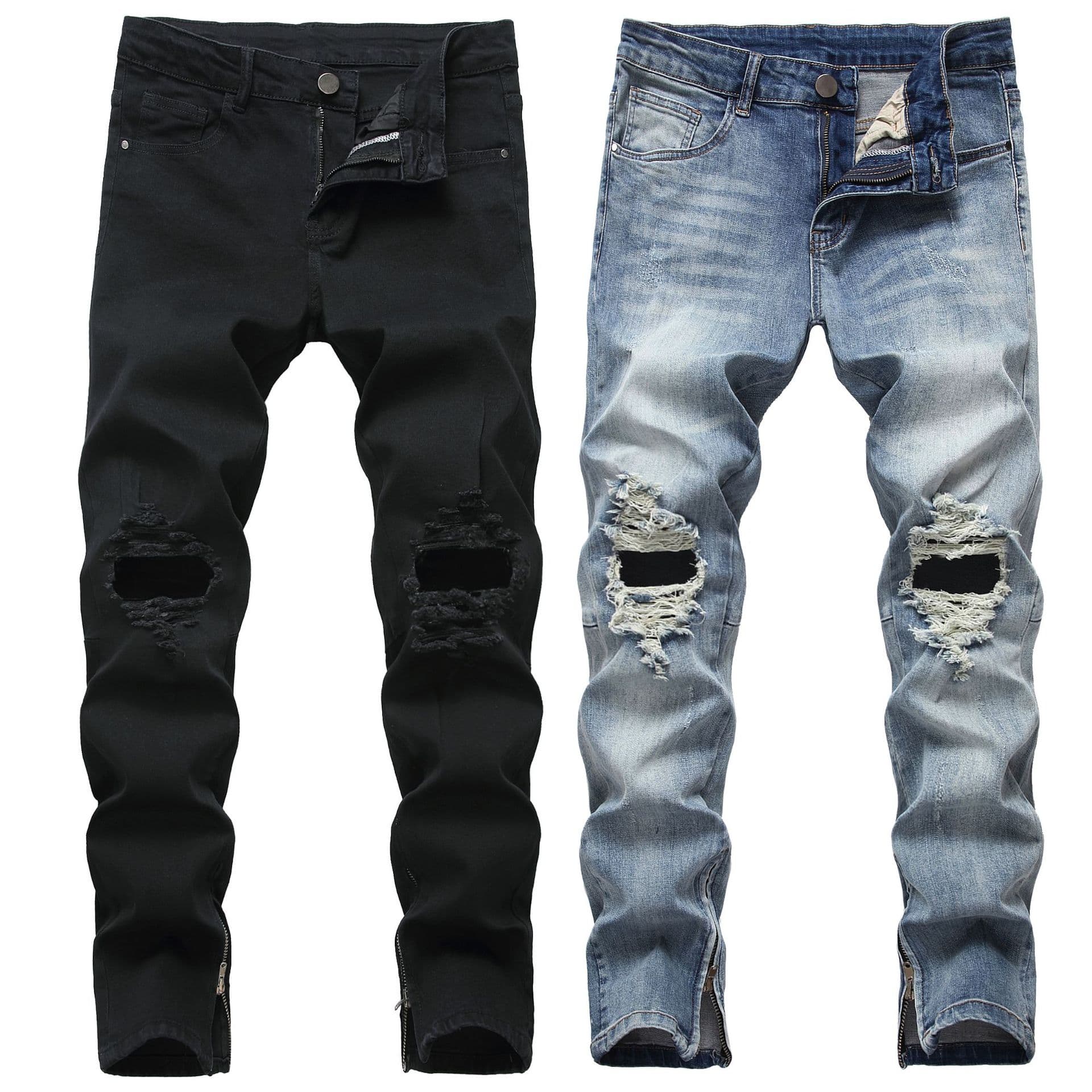 Men's Clothing Men's Zipper Ripped Jeans Trousers Zipper Men's Denim Stretch Trousers