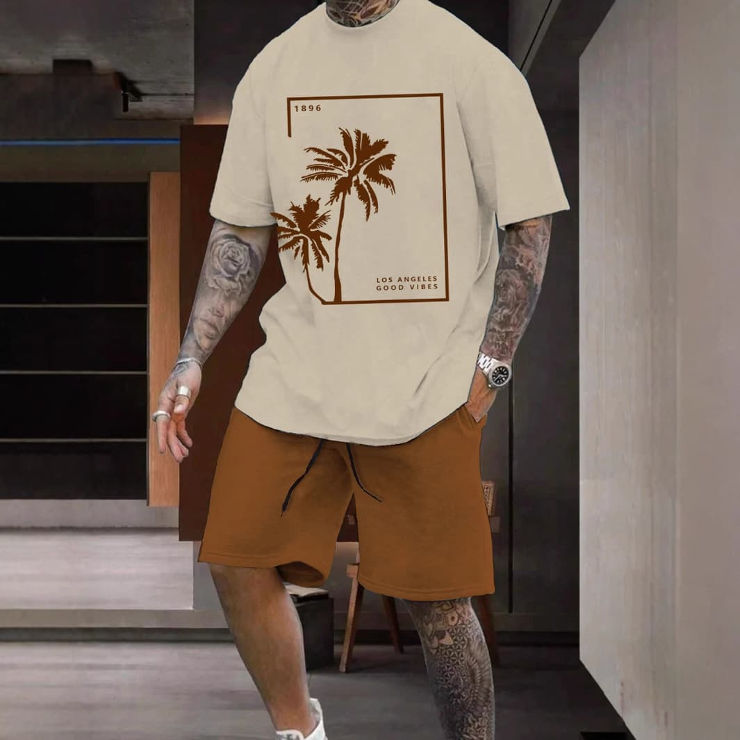 Men's Clothing Men's Casual Vacation Summer Short Sleeved Shorts Suit Coconut Tree Print
