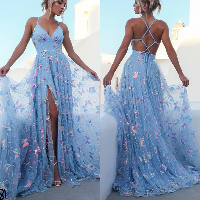 ​​Women's Glitter High-Waisted Long Dress – Stretchy Polyester A-Line Formal Gown For Parties & Evening Events (Blue, S-Xl)​​