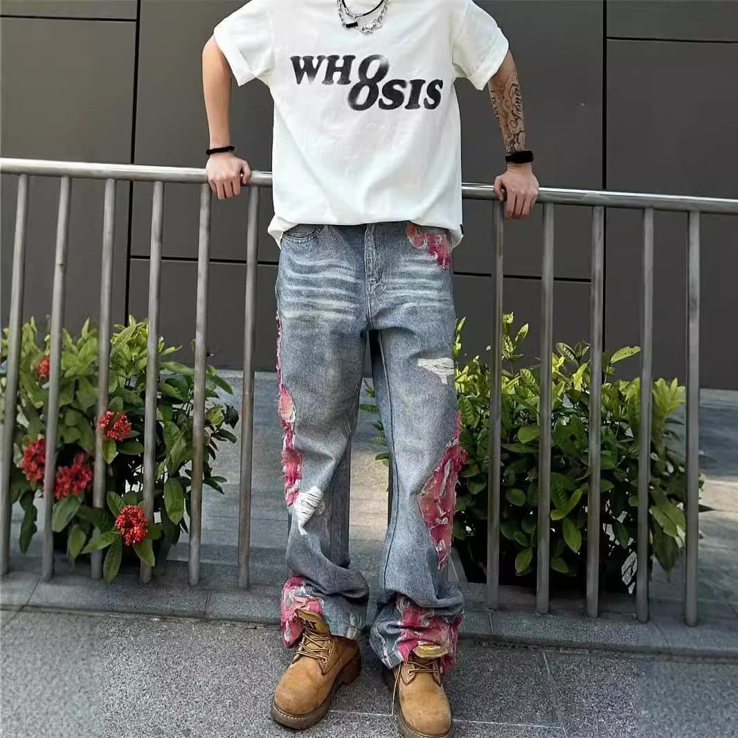 Men's Punk Patchwork Jeans - Distressed Denim Pants With Rebel Edge, Vintage-Inspired Wide Leg Trousers