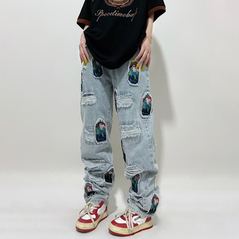 Men's Clothing National Tide Hole Sticker Heavy Jeans Men Loose Straight High Street Washed Long Pants Trendy