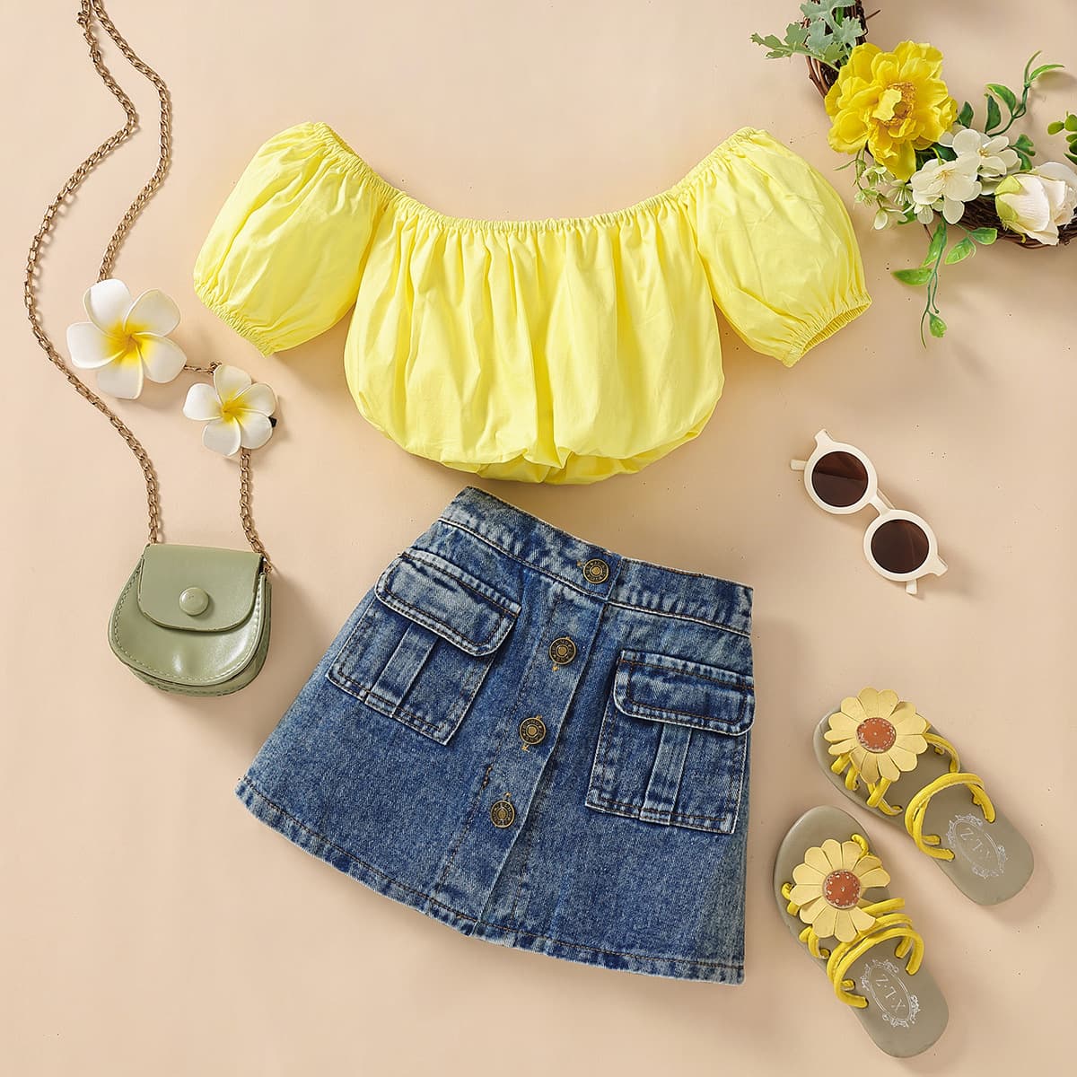 Mother&Kids Girls casual dress short sleeve top + denim skirt suit