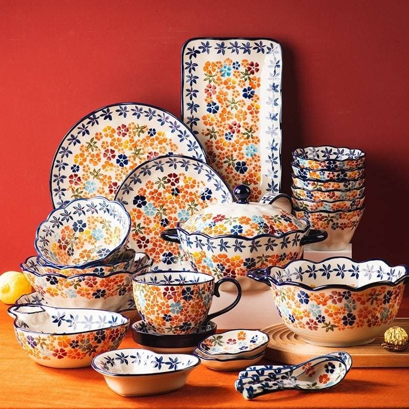 Ceramic Dinnerware Set – Handcrafted Stoneware Bowls & Plates, Microwave Safe, Vintage Farmhouse Style For Tea, Dining & Gifting​