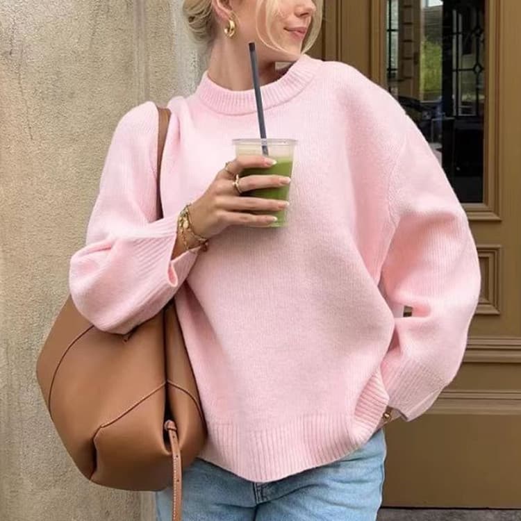 Women's Clothing Pink Sweet Round Neck Casual Soft Knit Sweater Casual Round Neck Long Sleeve Pullover - Pastel Pink, White, Black & More Colors