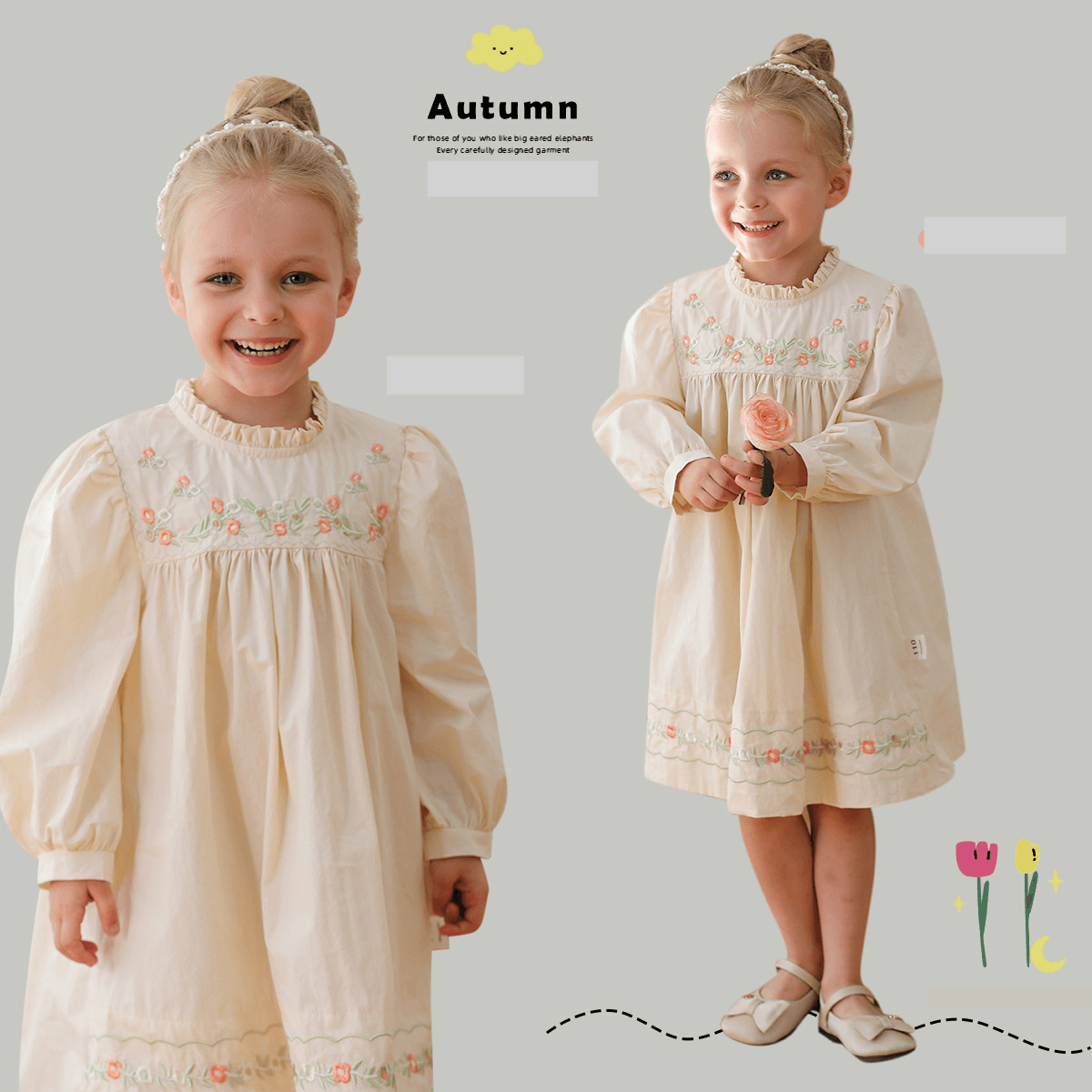 Mother & Kids Korean children's clothing flower embroidery puff sleeve girls dress 2024 autumn style stand collar lace long sleeve children's skirt